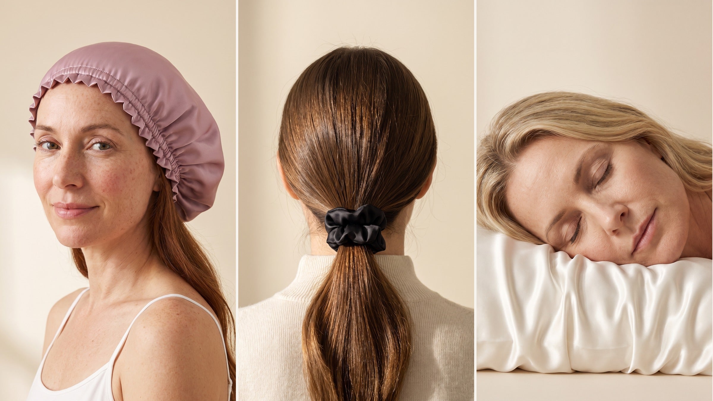 Bonnet, chouchou et taie d'oreiller en soie de mûrier Kera